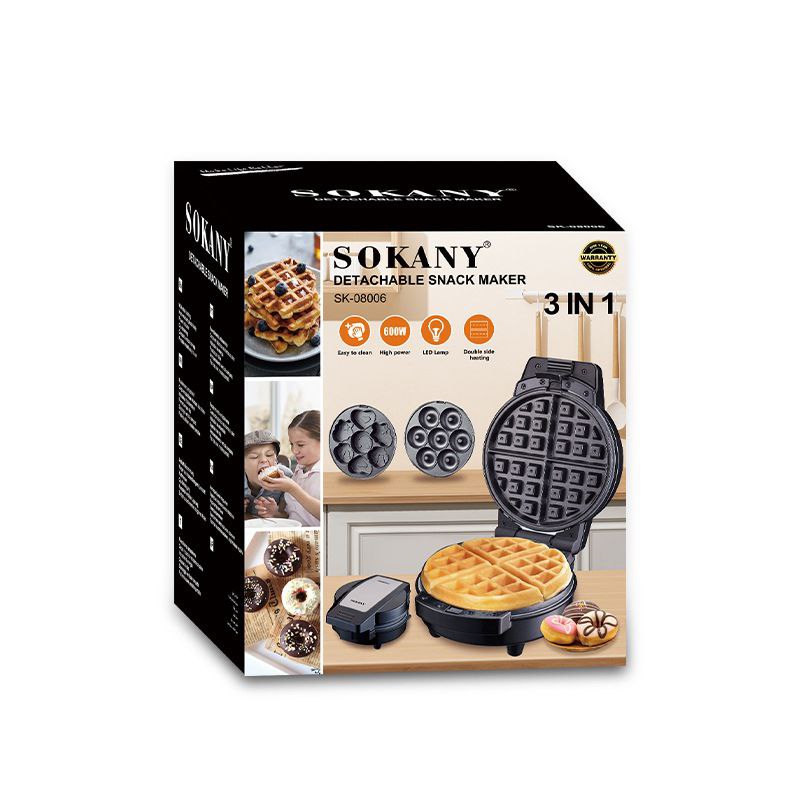 MAQUINA FABRICANTE DE SNACKS 3 EN 1 SK-08006 WAFFLES,MINI DONAS,CUPCAKES 600W SOKANY