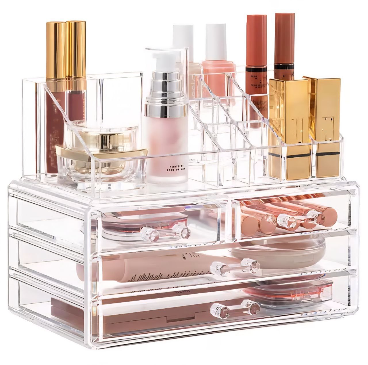 ORGANIZADOR DE MAQUILLAJE DE 4 CAJONES DE ACRILICO TRANSPARENTE 22X13X18CM