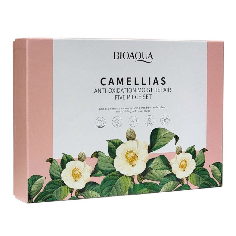 SET DE CUIDADO FACIAL DE CAMELIAS DE 5 PIEZAS, EFECTO REPARADOR, HUMEDO Y ANTIOXIDANTE BIOAQUA CAMELLIAS