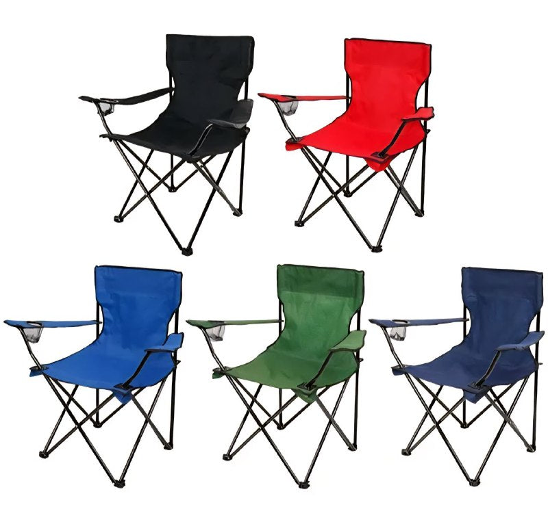 SILLA PLEGABLE DE CAMPING CON REPOSA BRAZOS Y PORTA VASOS, DE TUBO DE ACERO RESISTENTE Y TELA DE POLIESTER CON REVESTIMIENTO DE PVC, 18X32 PULGADAS, CAPACIDAD 200LBS , 5 COLORES