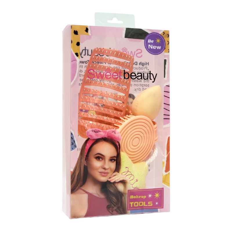 SET DE CUIDADO PERSONAL, ESPONJA MAQUILLAJE, ESPONJA DE BAÑO Y CEPILLO DE PELO SWEET BEAUTY