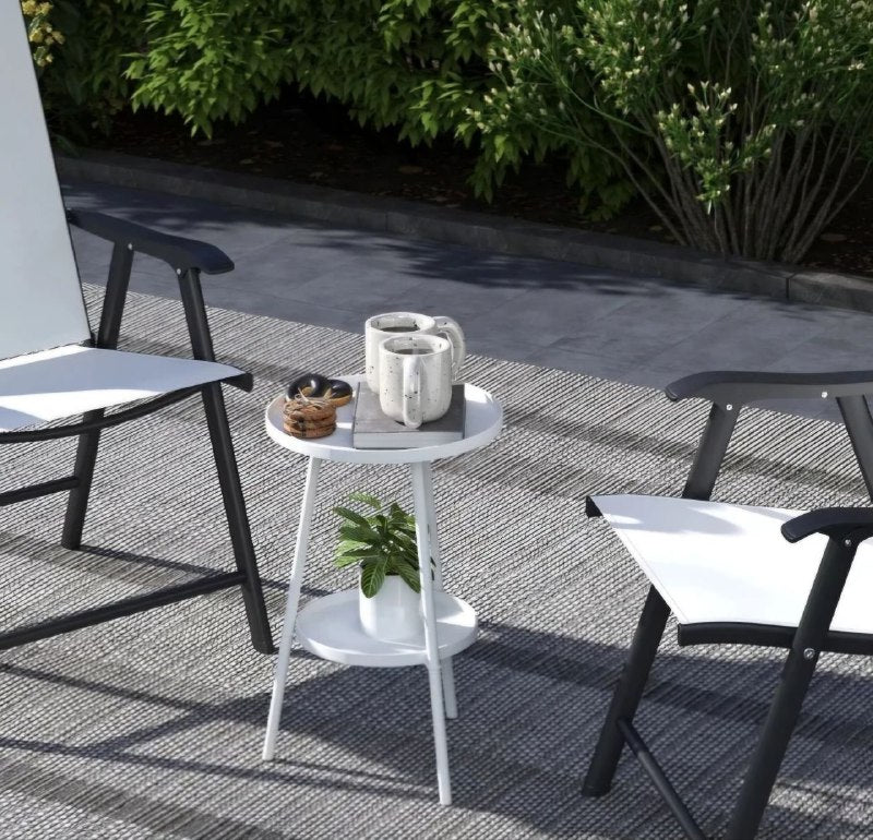 MESA AUXILIAR REDONDA DE METAL PEQUEÑAS DE 2 NIVELES, MESITA DE NOCHE, SALA, JARDIN ESPACIOS PEQUEÑOS 2 COLORES DISPONIBLES 62X32CM