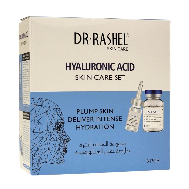 SET DE CUIDADO FACIAL DE 3 PIEZAS DE ACIDO HIALURONICO, HIDRATACION INTENSA, ESENCIA EN SPRAY HIDRATANTE 160ML, SUERO 100ML, MASCARILLA 88OZX5 DR RASHEL SKIN CARE