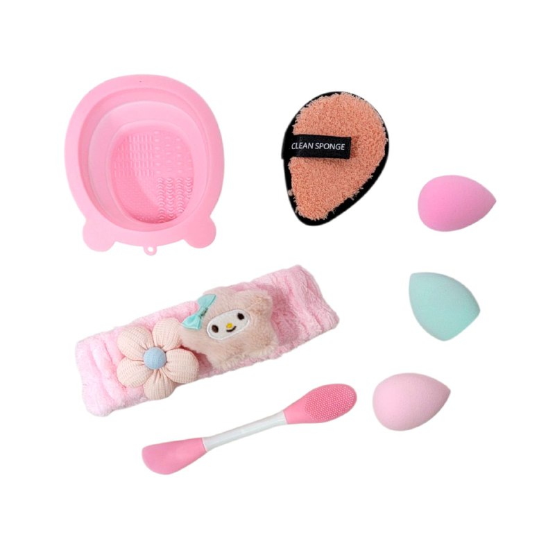 KIT DE CUIDADO FACIAL, ESPONJAS MAQUILLAJE, ESPONJA LAVADO FACIAL, VINCHA ELASTICA, MINI BOWL PLEGABLE PARA LAVAR BROCHAS KISS LOVELY