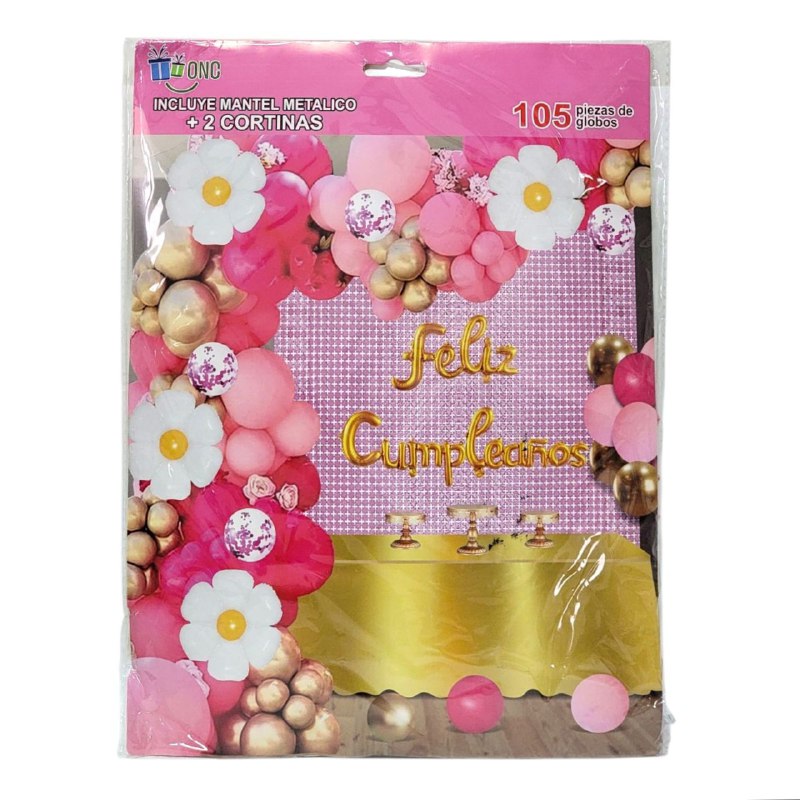 DECORACION PARA CUMPLEAÑOS EN SET COMPLETO, MANTEL METALICO, 2 CORTINAS, 105 GLOBOS