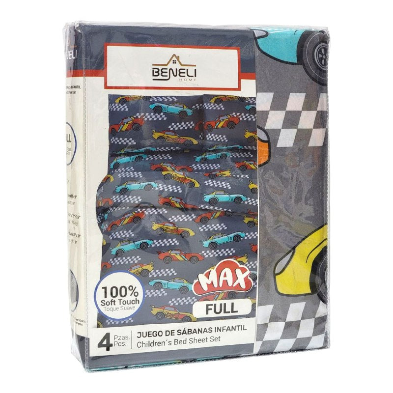 JUEGO DE SABANAS MATRIMONIAL EN SET CON CORTINAS PARA NIÑOS DE 6 PIEZAS CARROS BENELI HOME