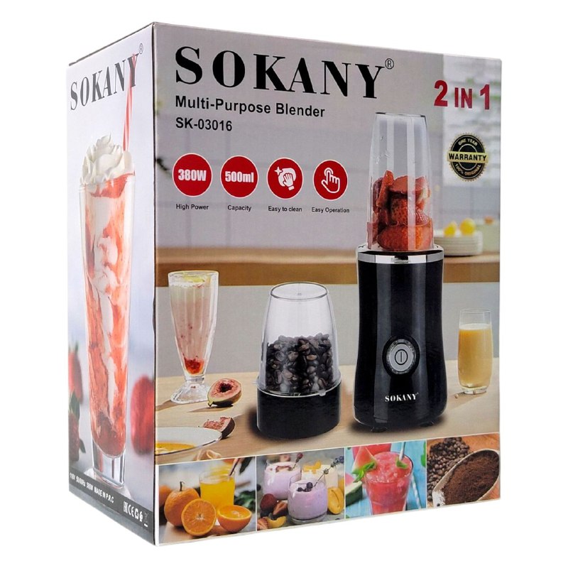 MAQUINA LICUADORA MULTIUSOS 2 EN 1, 380W SK-03016 SOKANY 500ML