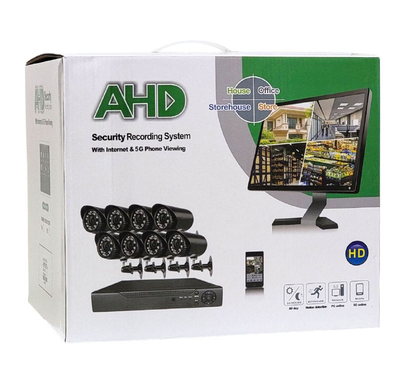 KIT DE CAMARAS DE SEGURIDAD DE 8 CANALES HD, SISTEMA DE GRABACION DE 24H CON VISUALIZACION POR INTERNET Y TELEFONO, DETECCION MOVIMIENTO, DISCO DURO HDD 1TB AHD