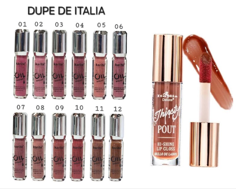 BRILLO LABIAL LIP OIL KARITE 5ML (DUPE DE ITALIA),  ACEITE HIDRATANTE DE LABIOS 12 TONOS