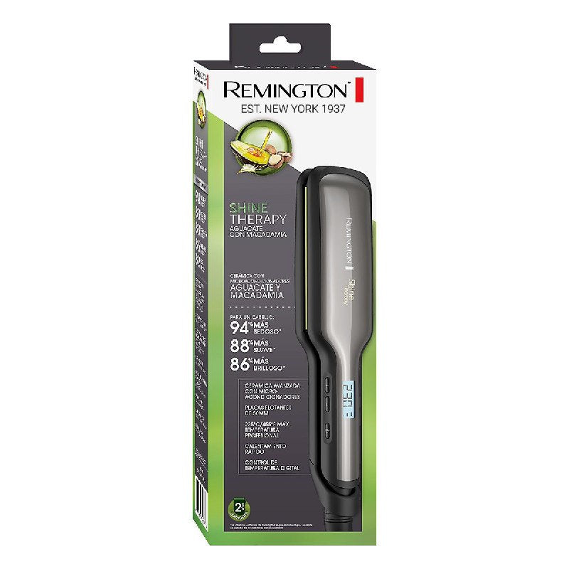 PLANCHA PARA EL CABELLO SHINE THERAPY AGUACATE CON MACADAMIA, DEJA EL CABELLO MAS SEDOSO, SUAVE Y BRILLANTE, PLACAS FLOTANTES DE 50MM, CALENTAMIENTO RAPIDO, CONTROL DE TEMPERATURA DIGITAL, CERAMICA AVANZADA CON MICROACONDIONADORES REMINGTON