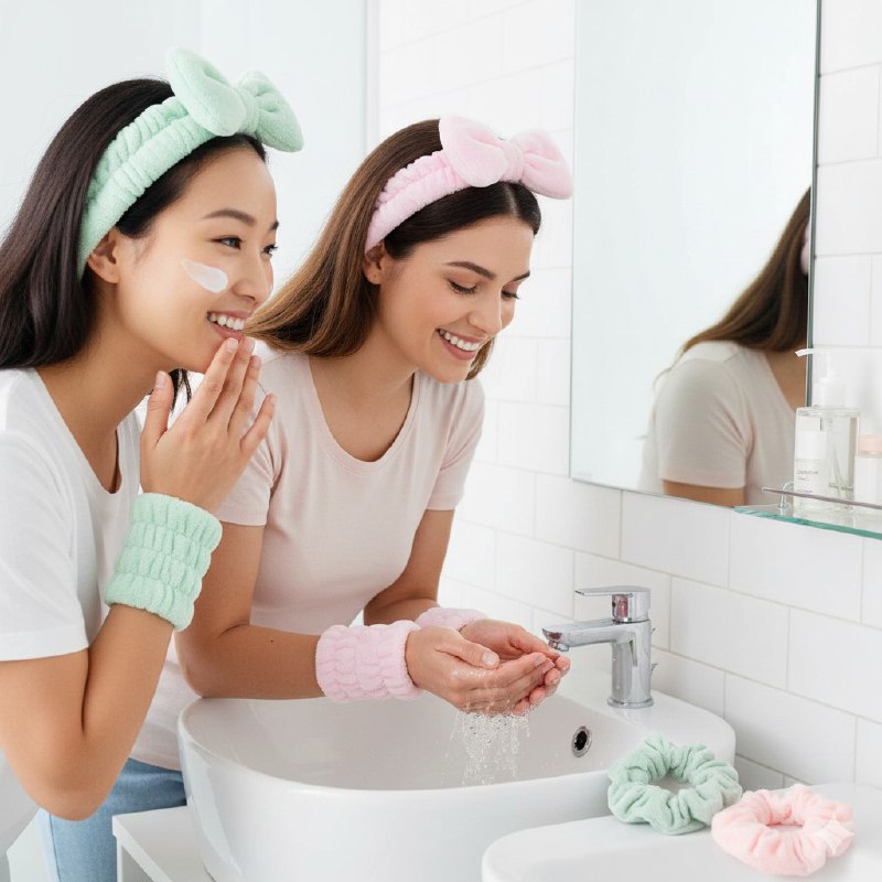 KIT DE CUIDADO FACIL, VINCHA ELASTICA CON MOÑO, PAR DE COLAS DE PELO Y MUÑEQUERAS DE MICROFIBRA, 6 COLORES