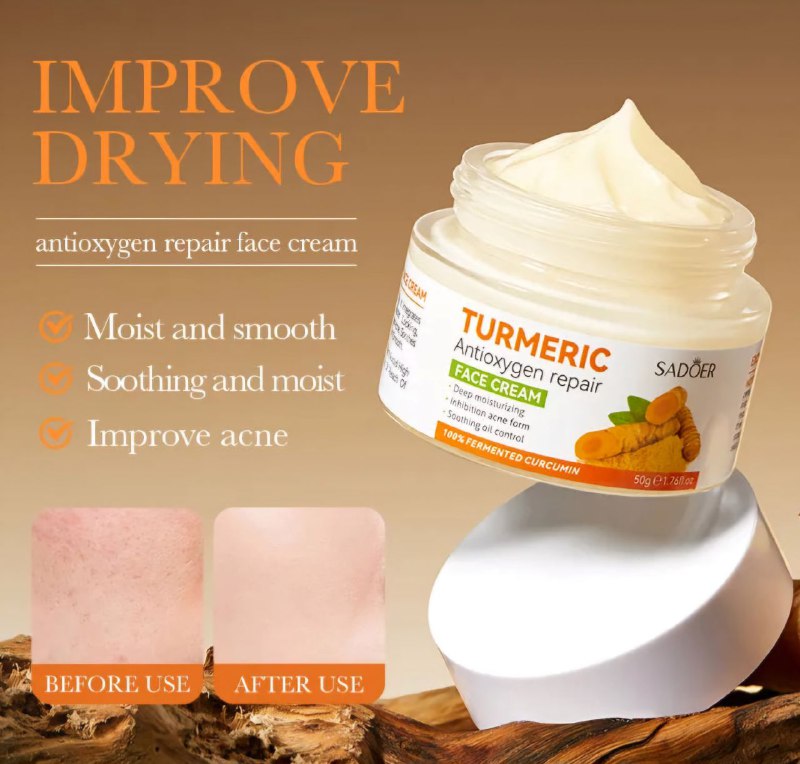 CREMA FACIAL DE CURCUMA HIDRATANTE, EQUILIBRA EL AGUA Y LA GRASA EN LA PIEL, REDUCE EL ACNE SADOER 50G