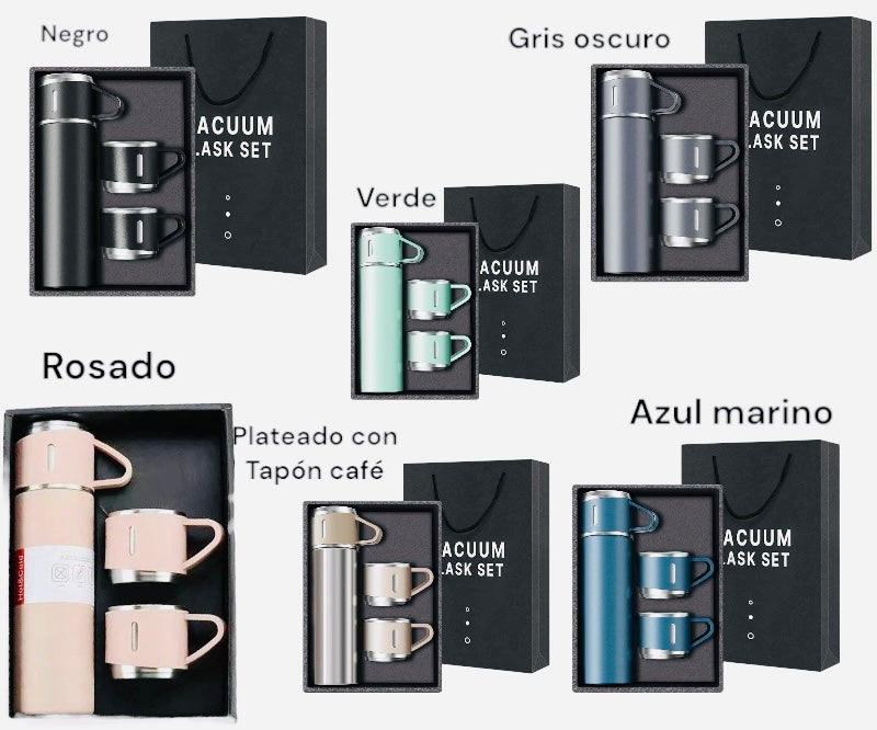 SET DE TERMO CON TAZAS DE ACERO INOXIDABLE 3 PIEZAS VACUUM FLASK 500ML