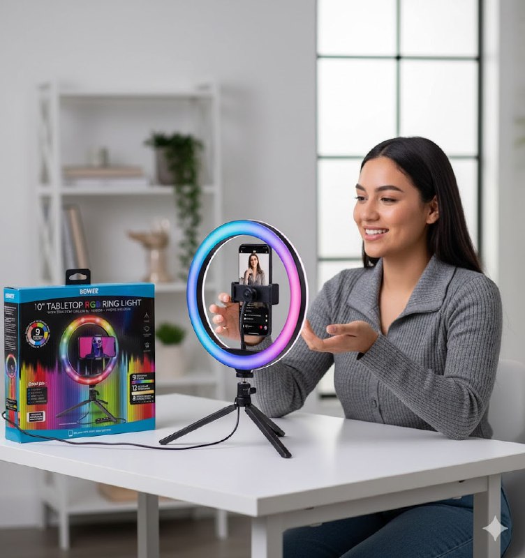 ARO DE LUZ LED RGB DE MESA CON SOPORTE PARA TELEFONO TRIPOIDE DE 10 PULGADAS BOWER