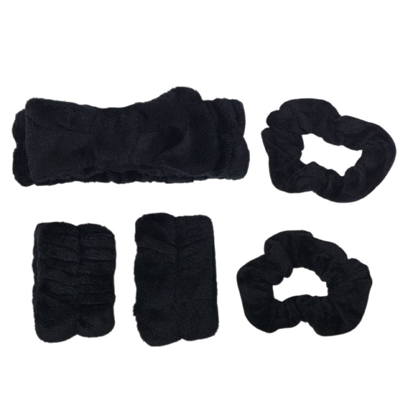 KIT DE CUIDADO FACIL, VINCHA ELASTICA CON MOÑO, PAR DE COLAS DE PELO Y MUÑEQUERAS DE MICROFIBRA, 6 COLORES