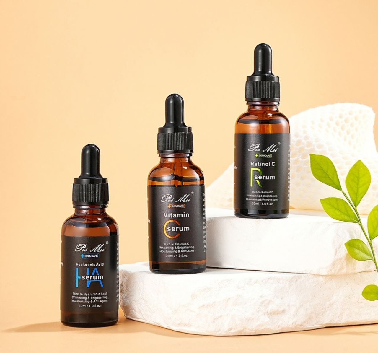 SUERO FACIAL EN SET, TRES PODEROSAS FORMULAS PARA PIEL HERMOSA Y SANA TODOS LOS DIAS, SUERO BLANQUEADOR VITAMINA C 30ML, SUERO HIDRATANTE ACIDO HIALURONICO 30ML, SUERO ANTIENVEJECIMIENTO RETINOL 30ML PEI MEI SKIN CARE