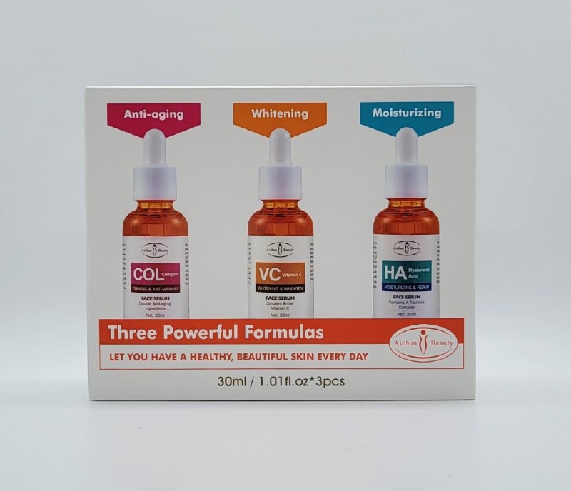 SUERO FACIAL EN SET FORMULAS PIEL HERMOSA Y SALUDABLE, SUERO ANTIENVEJECIMIENTO COLAGENO, SUERO BLANQUEADOR VITAMINA C, SUERO HIDRATANTE ACIDO HIALURONICO AICHUN BEAUTY 30MLX3