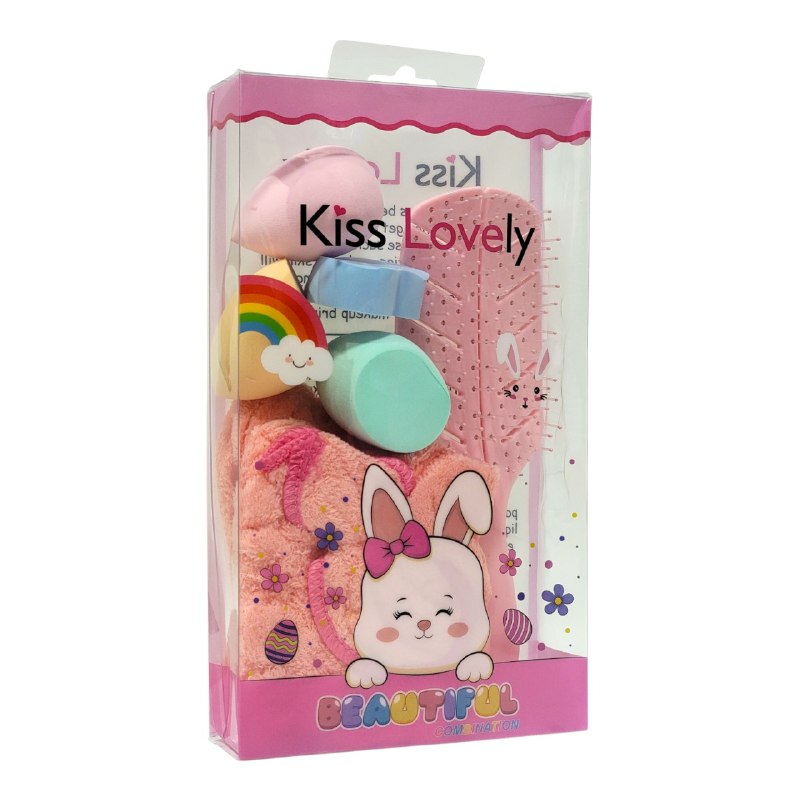 KIT DE CUIDADO FACIAL, GORRO, CEPILLO PELO Y ESPONJAS DE MAQUILLAJE KISS LOVELY, 5 COLORES