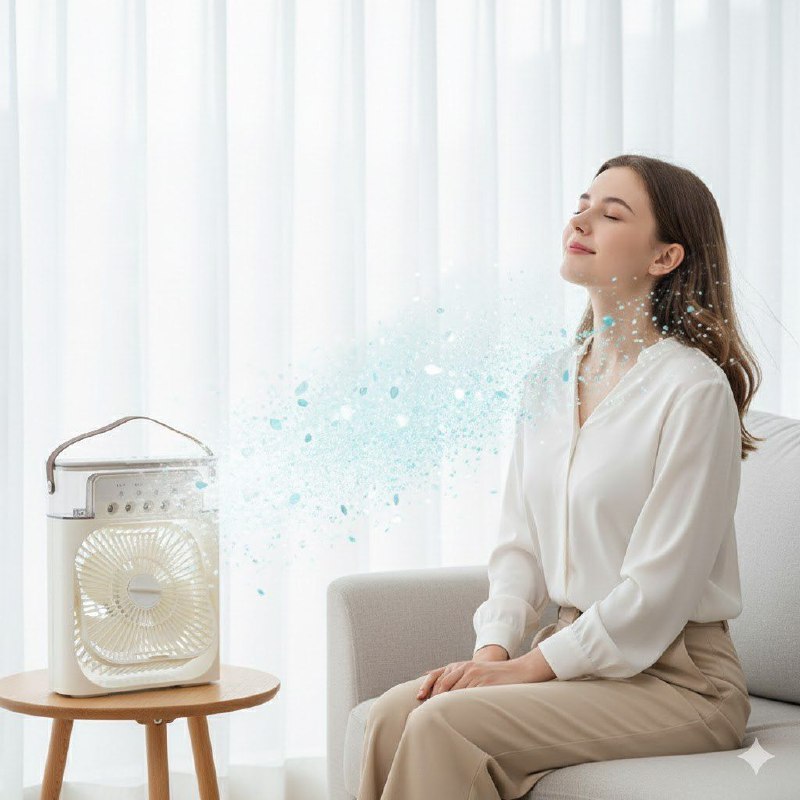 VENTILADOR MINI PORTATIL CON HUMIFICACION DE 3 VELOCIDADES, INCLUYE TANQUE DE AGUA PARA GENERAR NIEBLA FINA REFRESCANTE, SILENCIOSO Y COMODO