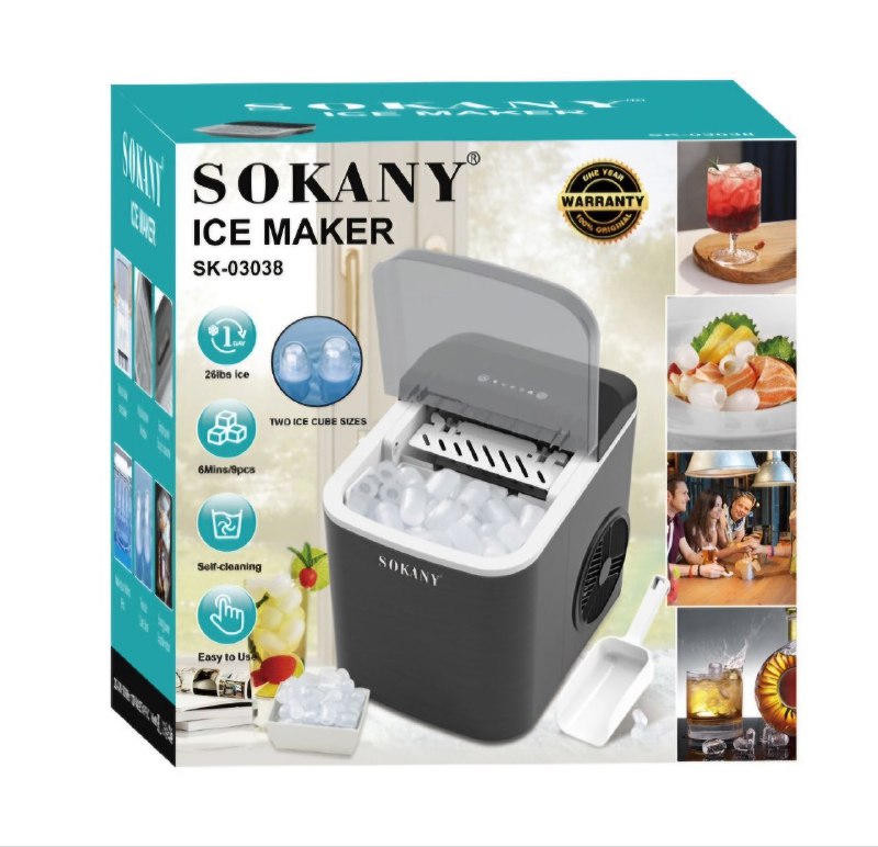 MAQUINA TRITURADORA DE HIELO DOS TAMAÑOS DE CUBITOS, AUTOLIMPIEZA, FACIAL DE USAR, HASTA 26LBS DE HIELO CREA SOKANY ICE MAKER SK-03038