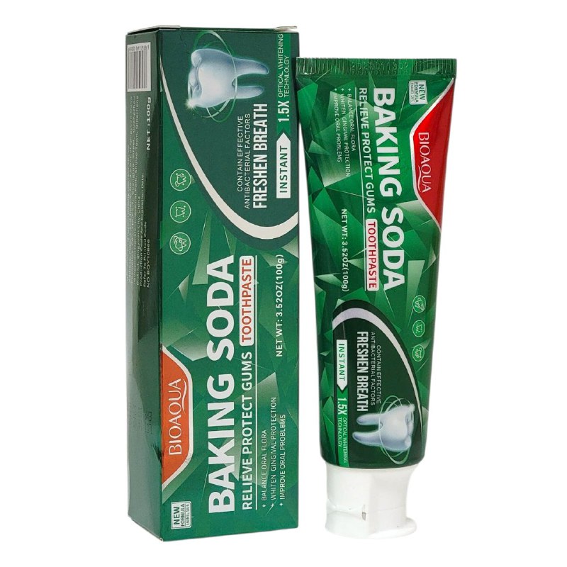 PASTA DE DIENTES, CON BICARBONATO DE SODIO, ALIVIA Y PROTEGE LAS ENVIAS, CREMA SUAVE Y DELICADA, LIMPIA LAS MANCHAS Y EL SARRO Y BLANQUEA LOS DIENTES BIOAQUA 100G