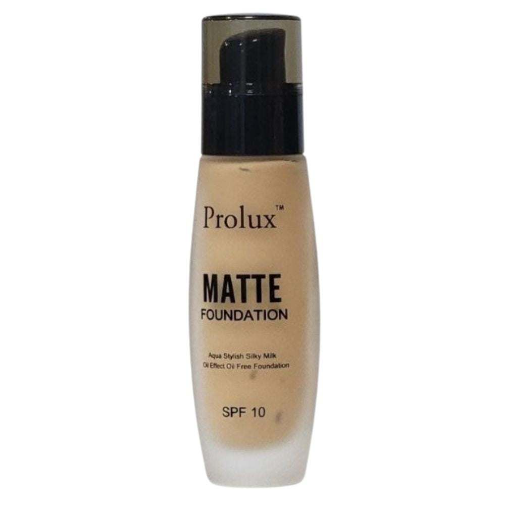 BASE DE MAQUILLAJE LIQUIDA ACABADO MATE CON SPF 10 Y VITAMINA E 6 TONOS PROLUX 30ML