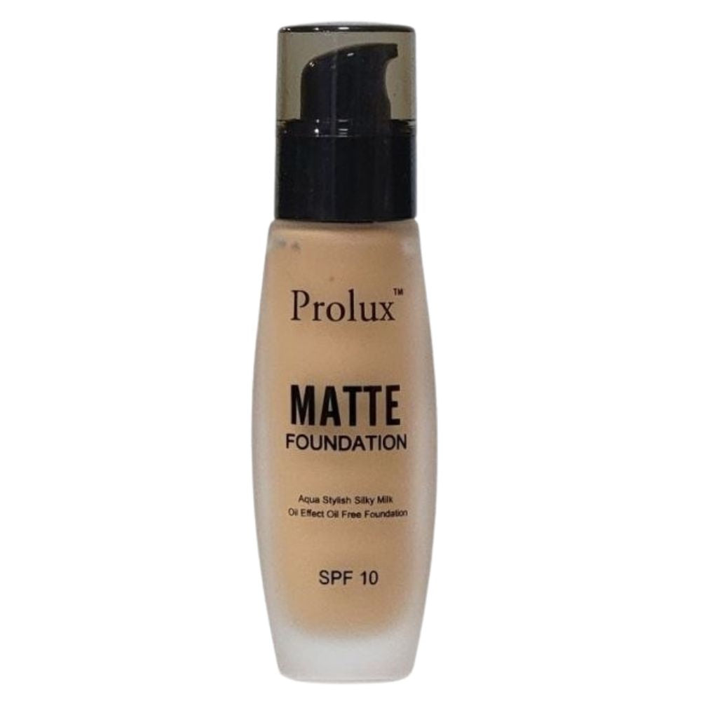 BASE DE MAQUILLAJE LIQUIDA ACABADO MATE CON SPF 10 Y VITAMINA E 6 TONOS PROLUX 30ML