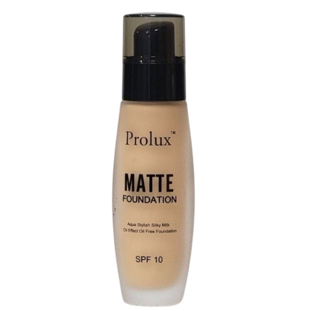 BASE DE MAQUILLAJE LIQUIDA ACABADO MATE CON SPF 10 Y VITAMINA E 6 TONOS PROLUX 30ML