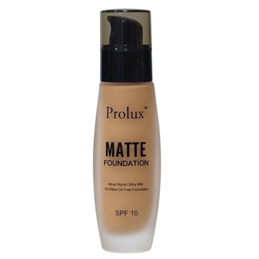 BASE DE MAQUILLAJE LIQUIDA ACABADO MATE CON SPF 10 Y VITAMINA E 6 TONOS PROLUX 30ML