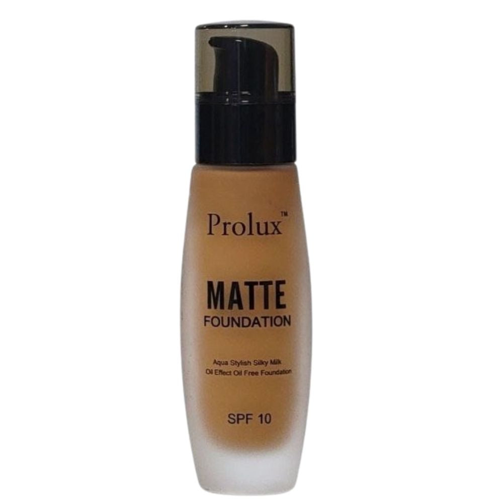 BASE DE MAQUILLAJE LIQUIDA ACABADO MATE CON SPF 10 Y VITAMINA E 6 TONOS PROLUX 30ML