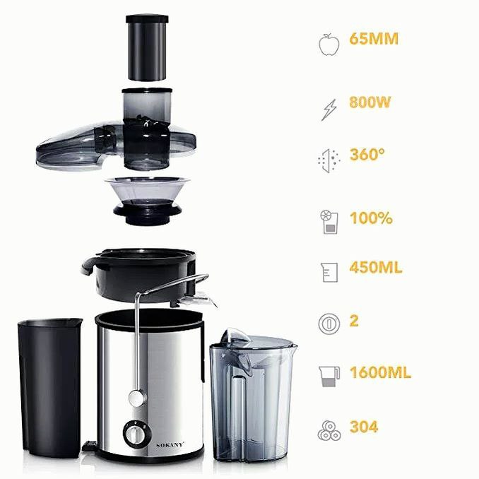 MAQUINA EXTRACTOR DE JUGO SK-4000, 800W DE ACERO INOXIDABLE SOKANY