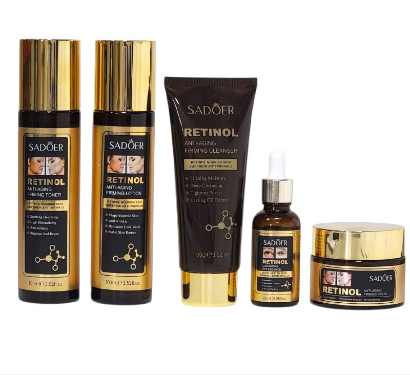 SET DE CUIDADO FACIAL DE RETINOL DE 5 PIEZAS, EFECTO REAFIRMANTE, ANTIEDAD Y ANTIARRUGAS SADOER RETINOL