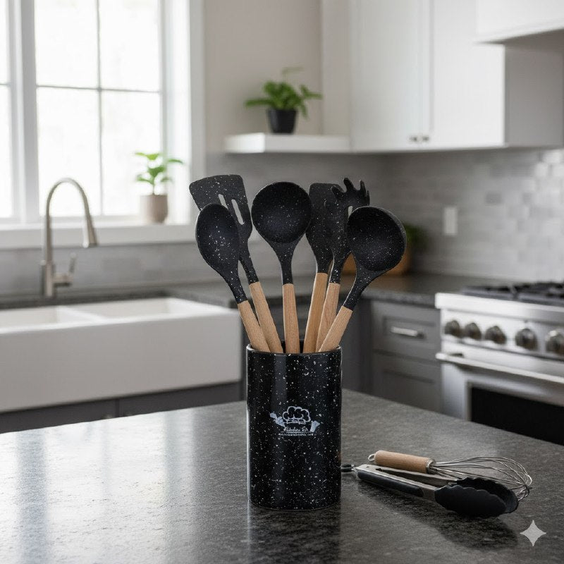 JUEGO DE UTENSILIOS DE COCINA DE SILICONA CON SOPORTE PLASTICO DE 12 PIEZAS, DISEÑADO PARA SOPORTAR TEMPERATURAS DE 30 A 130 GRADOS, SILICONA FLEXIBLE Y SUAVE, 5 COLORES KITCHEN & DINNING