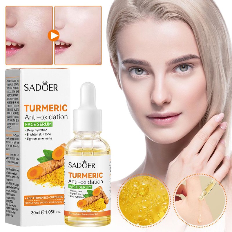 SUERO FACIAL CON CURCUMA Y OTROS EXTRACTOS DE PLANTAS ANTIOXIDANTES, ALACARA LAS MANCHAS DEL ACNE Y LO PREVIENE HIDRATA LA PIEL SADOER 30ML