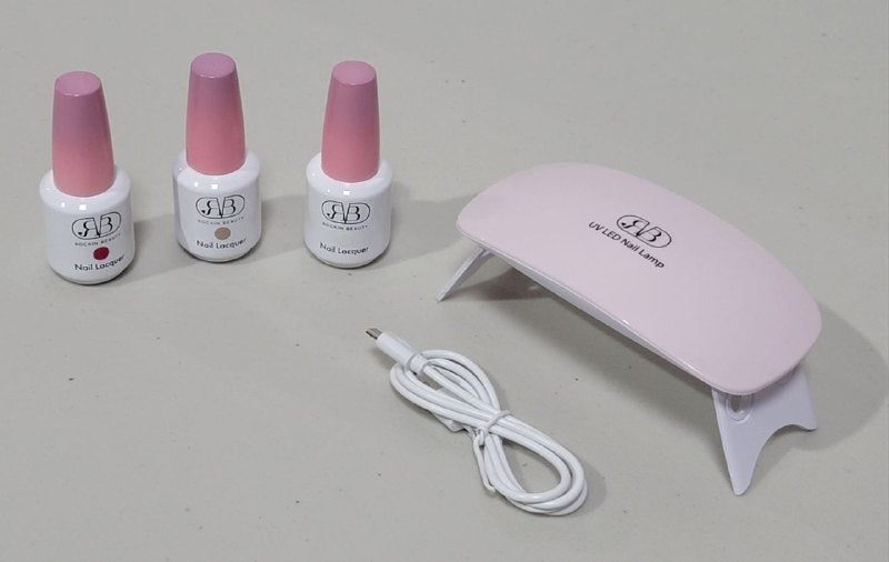 ESMALTES EN GEL EN SET PARA UÑAS CON LAMPARA UV Y CABLE USB ORIGINAL ROCKIN BEAUTY 30ML