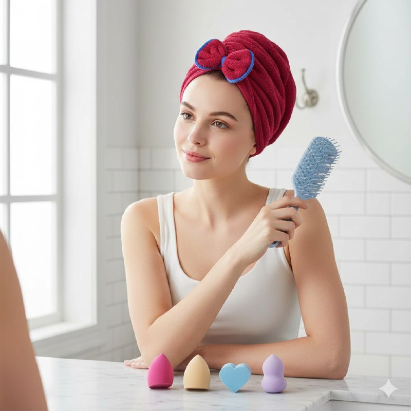 KIT DE CUIDADO FACIAL, GORRO, CEPILLO PELO Y ESPONJAS DE MAQUILLAJE KISS LOVELY, 5 COLORES