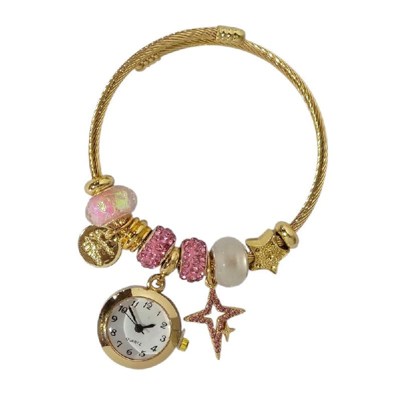 RELOJ ECONOMICO ESTILO PANDORA PARA DAMA DE ACERO CON BAÑO DE ENCHAPE