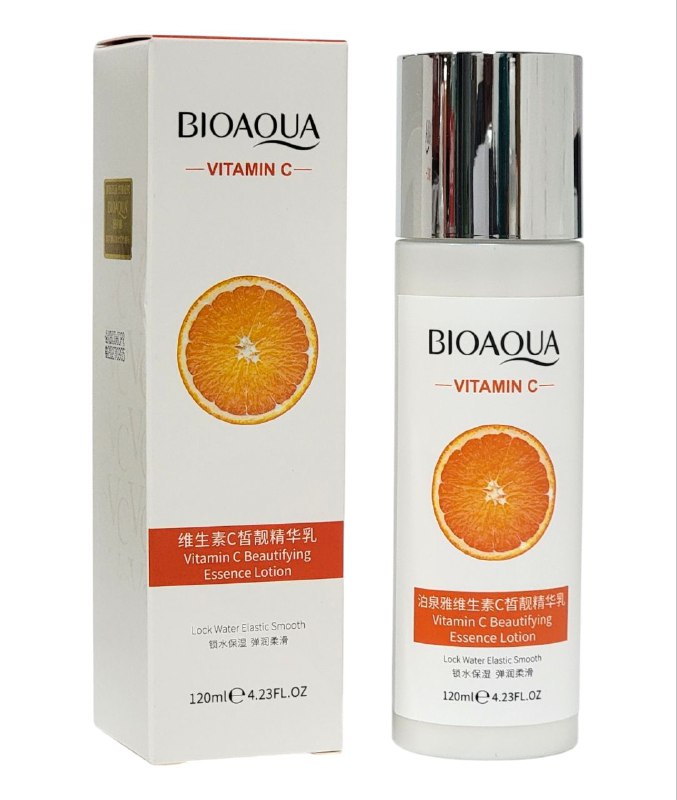 CREMA FACIAL LOCION ESENCIA EMBELLECEDORA DE VITAMINA C, TEXTURA LIGERA Y SUAVE, REFRESCANTE Y NO PEGAJOSA, HIDRATA Y SUAVIZA LA PIEL BIOAQUA 120ML