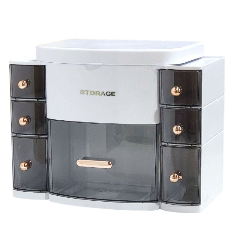 ORGANIZADOR ESTANTE DE COSMETICOS, MAQUILLAJE CON 8 COMPARTIMIENTOS, ESPEJO CON LUZ LED 3 MODOS DE INTENSIDAD, COLOR BLANCO STORAGE