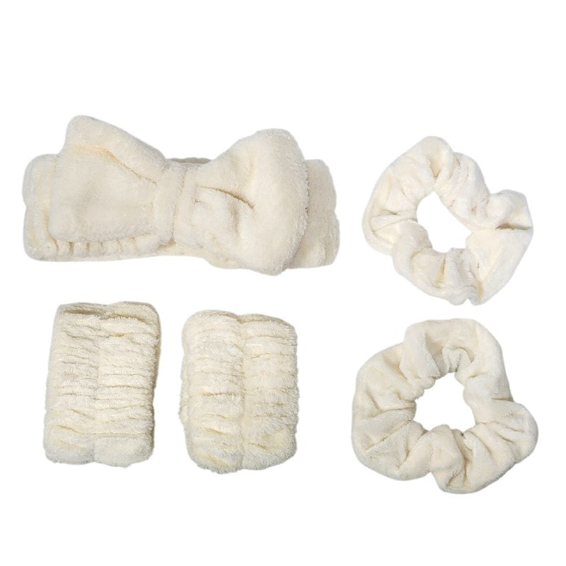 KIT DE CUIDADO FACIL, VINCHA ELASTICA CON MOÑO, PAR DE COLAS DE PELO Y MUÑEQUERAS DE MICROFIBRA, 6 COLORES