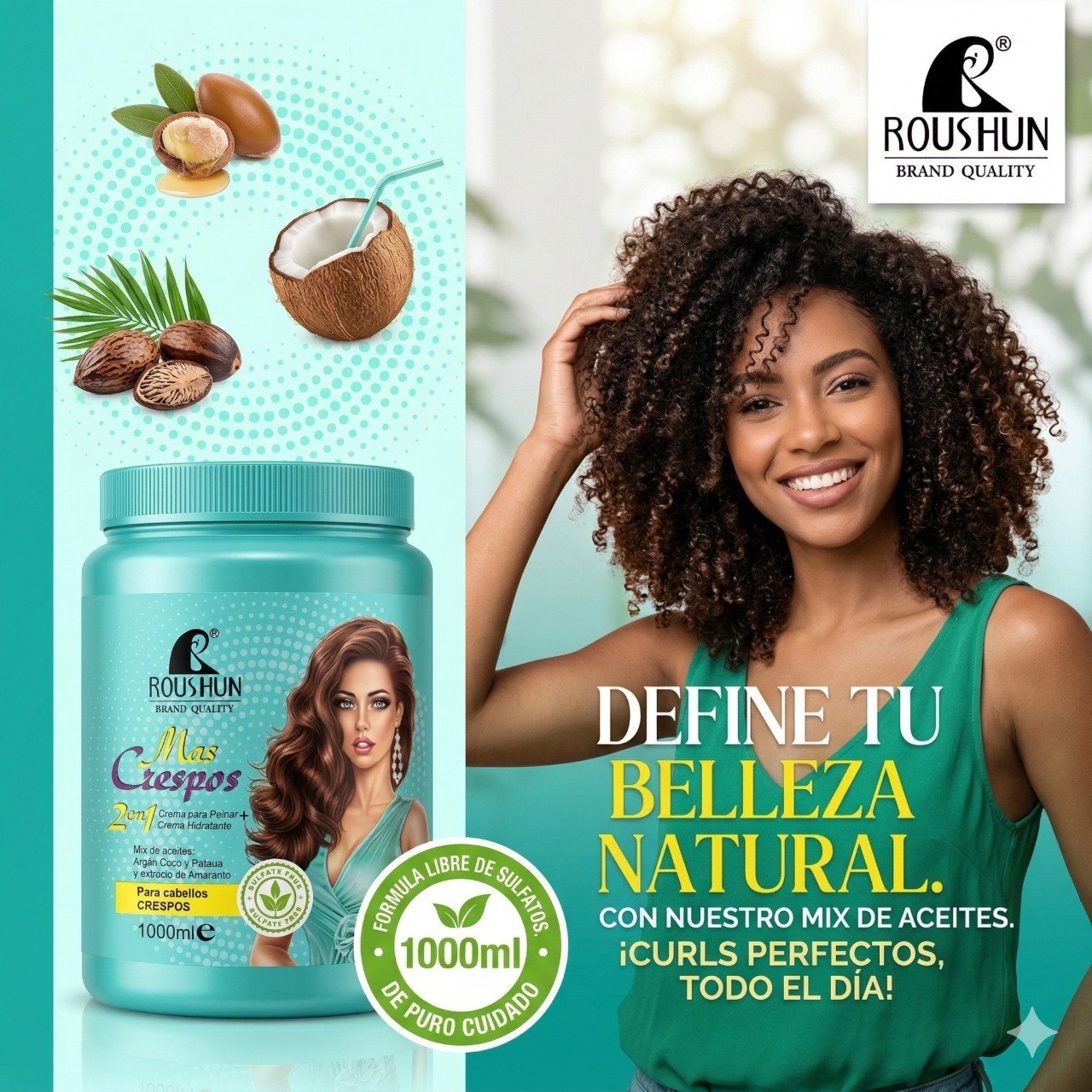 CREMA PARA PEINAR 2 EN 1 HIDRATANTE PARA CABELLOS CRESPOS ROUSHON 1000ML