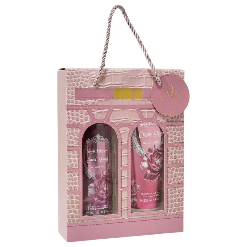 SET BODY PHILOSOPHY SILVER PEONY ILLUMINATE SPLASH Y CREMA CORPORAL (M) (AROMA SIMILAR A VICTORIAS SECRET CHROME PEONY)