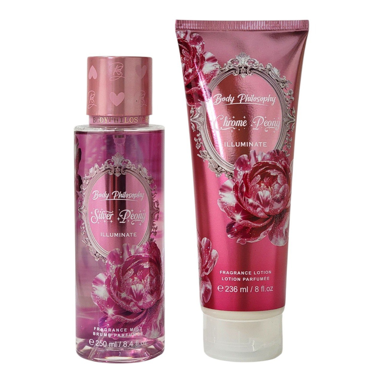SET BODY PHILOSOPHY SILVER PEONY ILLUMINATE SPLASH Y CREMA CORPORAL (M) (AROMA SIMILAR A VICTORIAS SECRET CHROME PEONY)