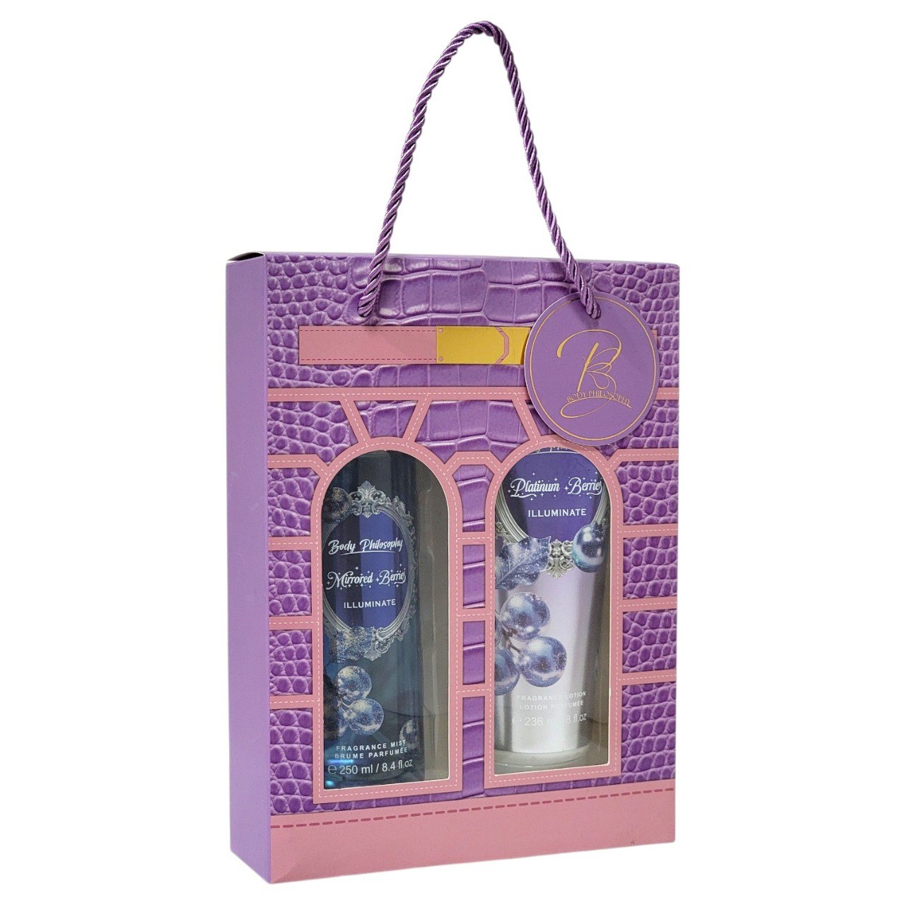 SET BODY PHILOSOPHY PLATINUM-MIRRORES BERRIES ILLUMINATE SPLASH Y CREMA CORPORAL (M) (AROMA SIMILAR A VICTORIAS SECRET PLATINUM BERRIES)