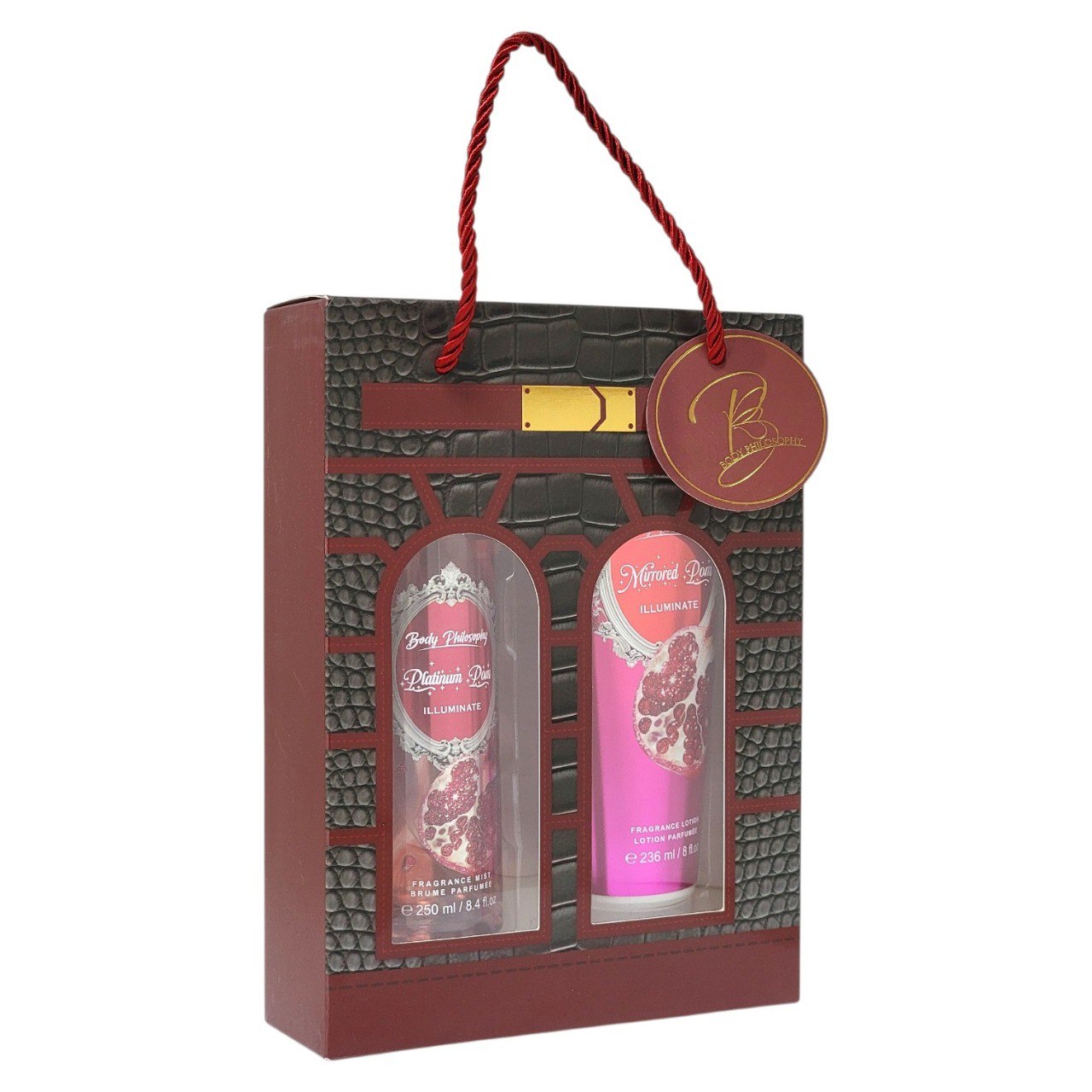 SET BODY PHILOSOPHY PLATINUM MIRRORED POM ILLUMINATE SPLASH Y CREMA CORPORAL (M) (AROMA SIMILAR A VICTORIAS SECRET MIRRORED POM)