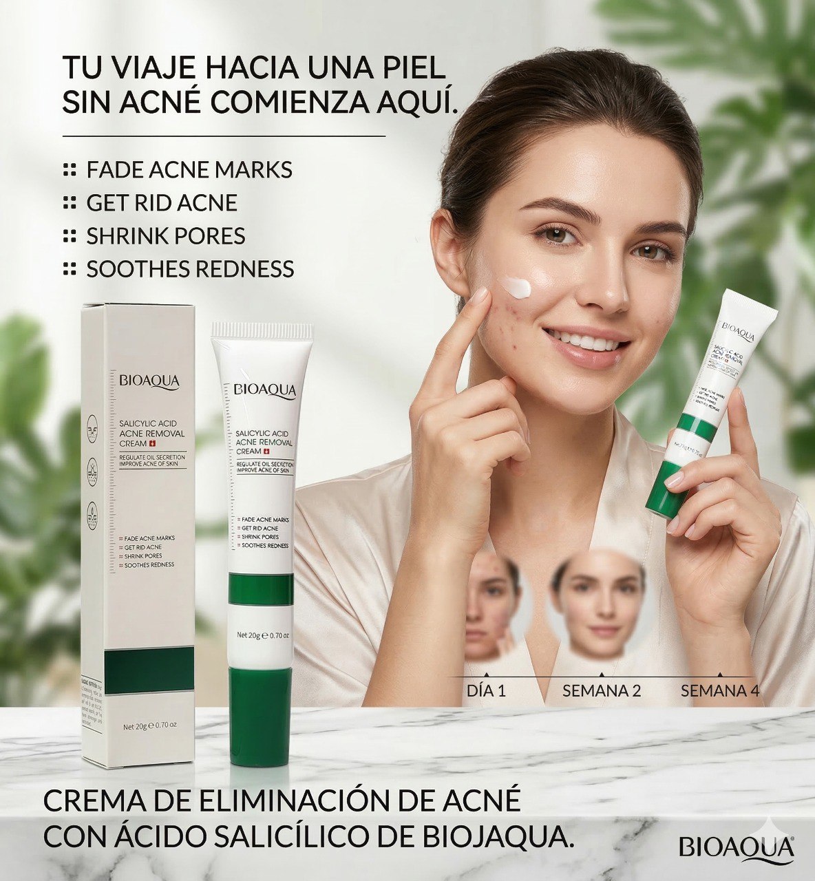 CREMA FACIAL CORRECTORA DE ACNE Y POROS CON ACIDO SALICILICO BIOAQUA 20G