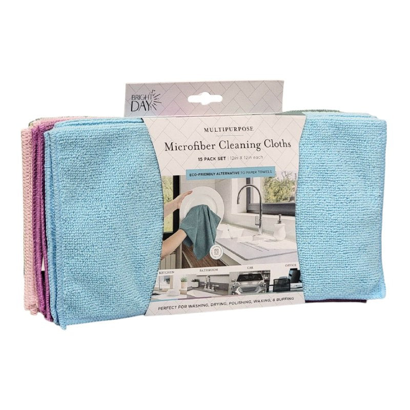 TRAPO DE MICROFIBRA MULTIUSOS EN PAQUETE DE 15 PIEZAS BRIGHT DAY 31X30CM