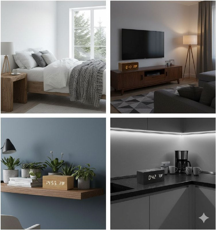 RELOJ DESPERTADOR DIGITAL TIPO MADERA CON FUNCION DE CARA INALAMBRICA Y TEMPERATURA USB, 4 ESTILOS