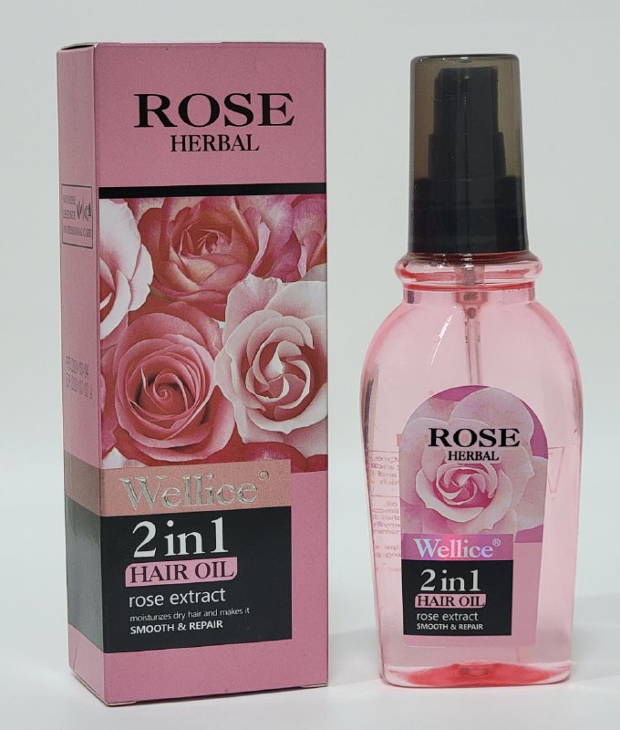 ACEITE PARA EL CABELLO CON ESENCIA DE ROSAS NATURALES Y VITAMINA B5, DEJA EL CABELLO SUAVE, LISO Y BRILLANTE ROSE HERBAL WELLICE 2 EN 1 120ML