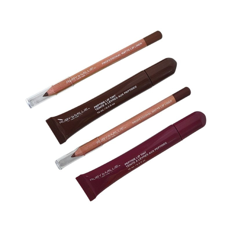 BRILLO LABIAL TINTA EN SET DE 4 PIEZAS DUPE DE RHODE,TINTA Y DELINEADORES DE LABIOS CON ACABADO MATTE RUBY & MILLIE 10MLX2, 1GX2